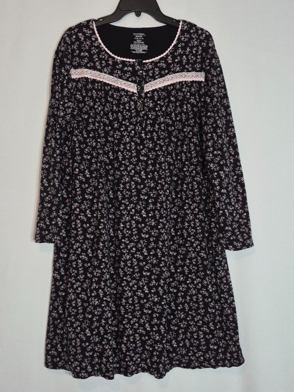 SIMPLY BASIC Black Floral Cotton Flannel Pullover Sleep Gown; Size XL